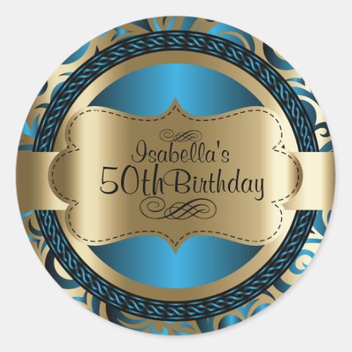 Blue and Gold Swirl Abstract Birthday Classic Round Sticker