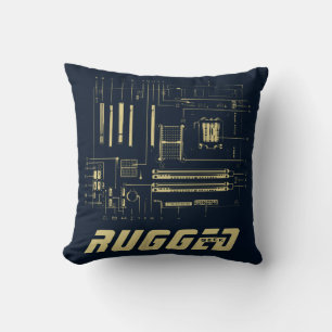 blue and gold Tech Circuit Board Motherboard Throw Pillow