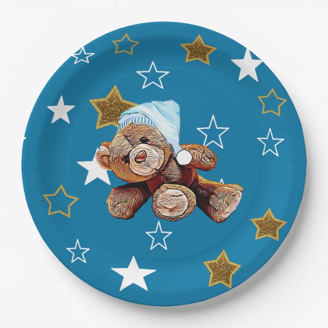 Blue and Gold Teddy Bear and Stars Paper Plates (Front)