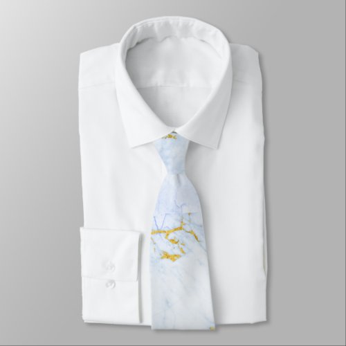 Blue and Gold Texture on Chic White Marble Neck Tie