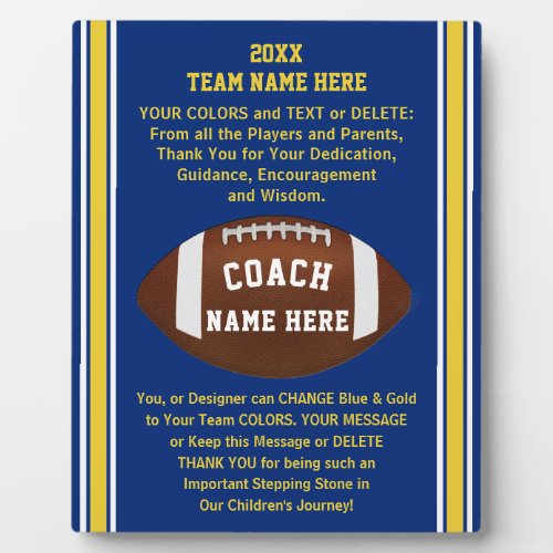 Blue and Gold Thank You Football Coach Gift Ideas Plaque