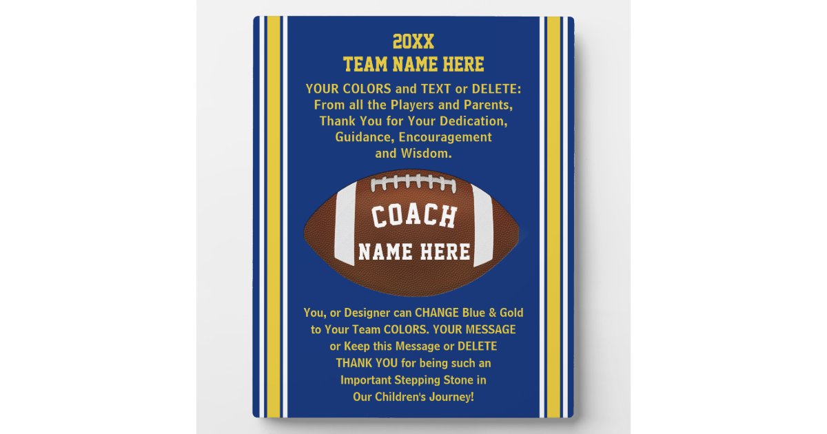 Blue and Gold Thank You Football Coach Gift Ideas Plaque | Zazzle