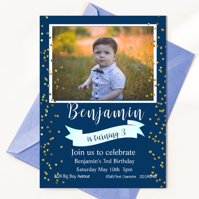 Blue and Gold Third Birthday Photo   Invitation (Creator Uploaded)