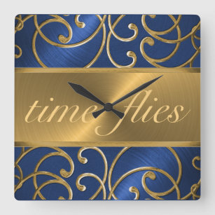 Blue and Gold Time Flies Clock