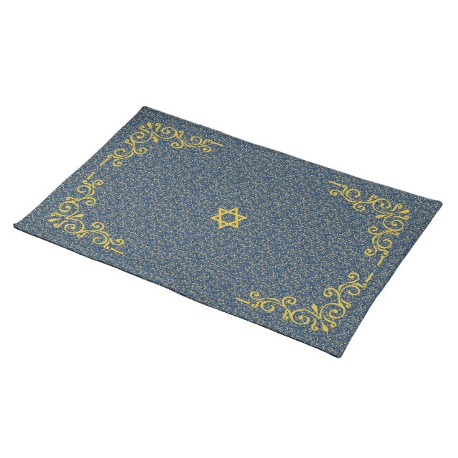 Blue and Gold Tone Baroque Flourish Cloth Placemat (On Table)