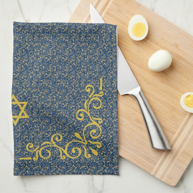 Blue and Gold Tone Baroque Flourish Handwashing Kitchen Towel (Quarter Fold)