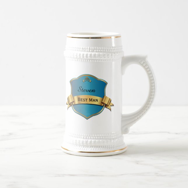 Blue and Gold Tone Plaque Best Man Wedding Stein (Right)
