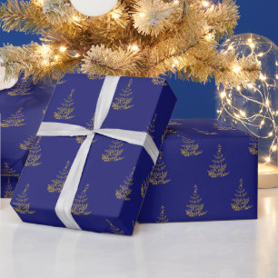  Blue and Gold Tree Holiday Wrapping Paper