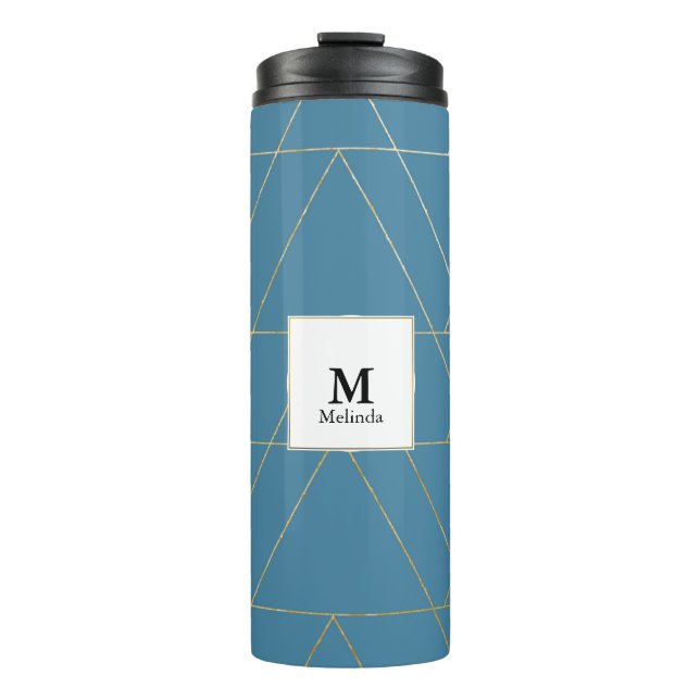 Blue and Gold Triangle Pattern Monogram Tumbler (Front)