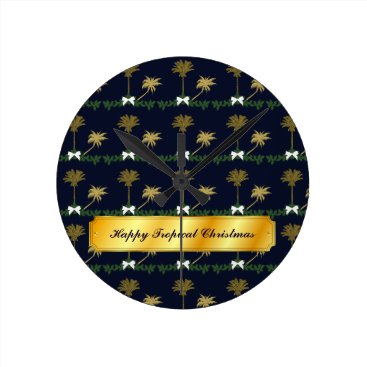 Blue and Gold Tropical Christmas with Palm Trees Round Clock Blue and Gold Tropical Christmas with Palm Trees Round Clock