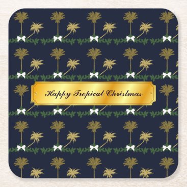 Blue and Gold Tropical Christmas with Palm Trees Square Paper Coaster Blue and Gold Tropical Christmas with Palm Trees Square Paper Coaster