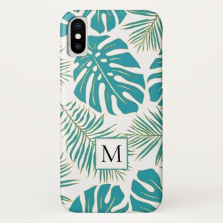 Blue and gold tropical leaves and monogram Case-Mate iPhone case