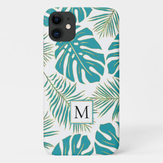 Blue and gold tropical leaves and monogram iPhone 11 case