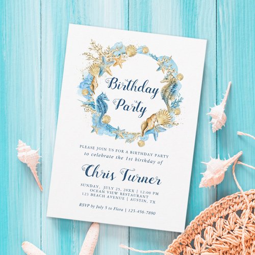 Blue and Gold Under the Sea Boy Birthday Invitation