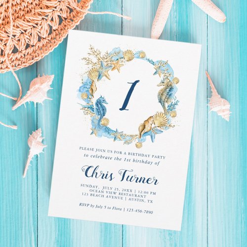 Blue and Gold Under the Sea Boy Birthday Invitation