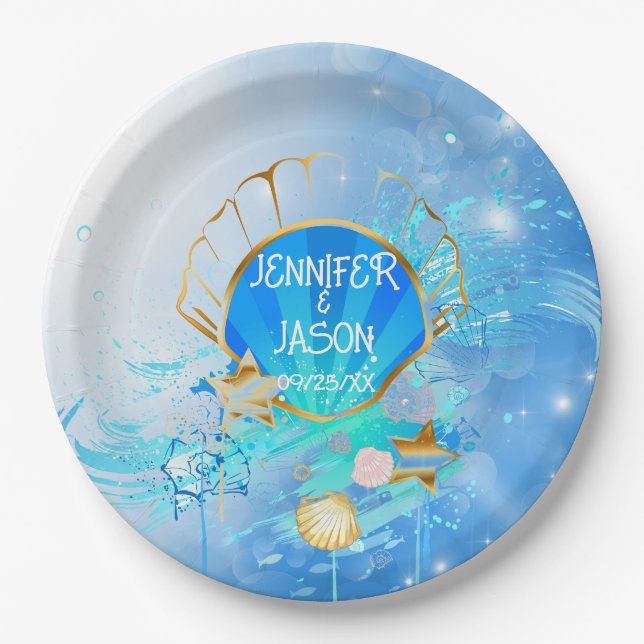 Blue and Gold Under the Sea Theme Paper Plate (Front)