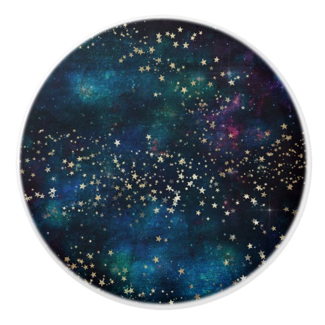 Blue and Gold Under the Stars Night Sky Ceramic Knob (Front)