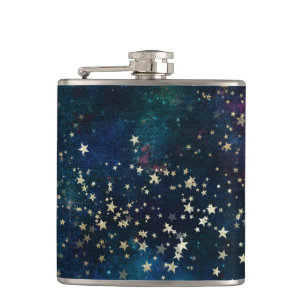 Blue and Gold Under the Stars Night Sky Flask