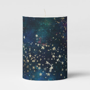 Blue and Gold Under the Stars Night Sky Pillar Candle