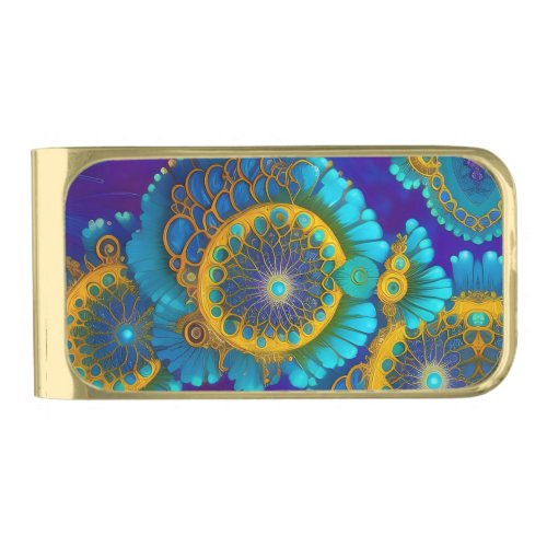 Blue and gold under water abstract gold finish money clip