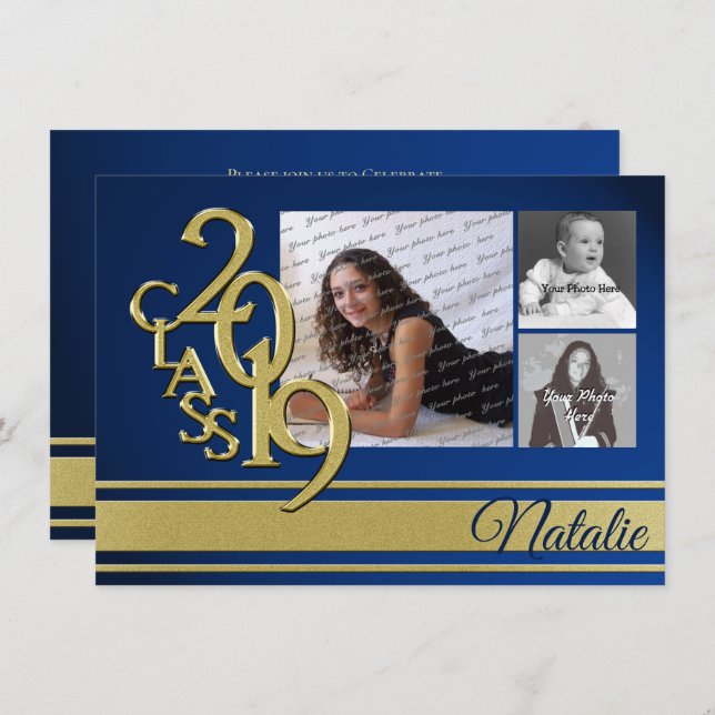 Blue and Gold Varsity 2019 Graduation Three Photo Invitation (Front/Back)