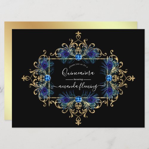 Blue and Gold Vintage Peacock Floral Quinceaera Invitation