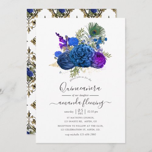 Blue and Gold Vintage Peacock Floral Quinceaera Invitation