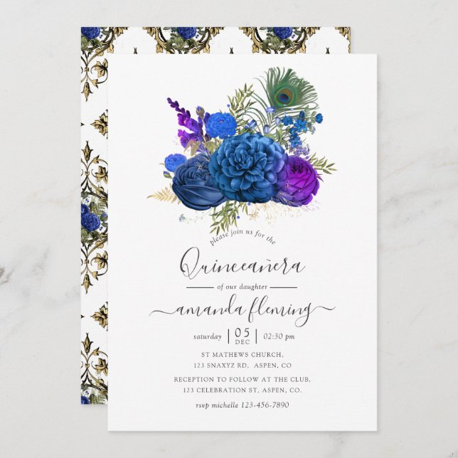 Blue and Gold Vintage Peacock Floral Quinceañera Invitation (Front/Back)