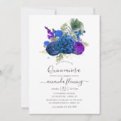 Blue and Gold Vintage Peacock Floral Quinceañera Invitation (Front)