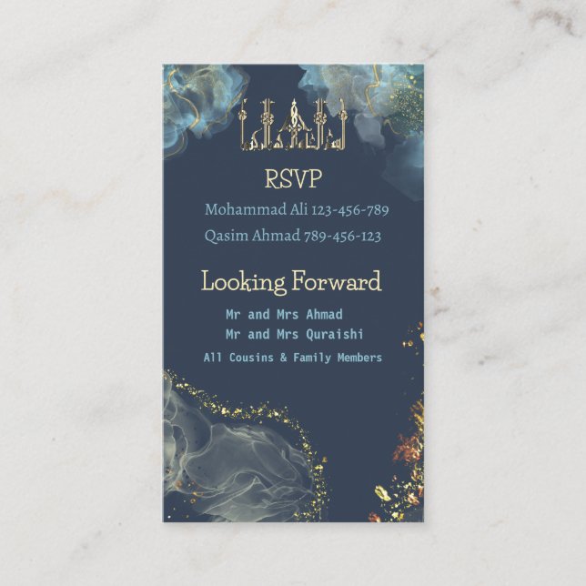 Blue and gold Walima RSVP Enclosure Card (Front)