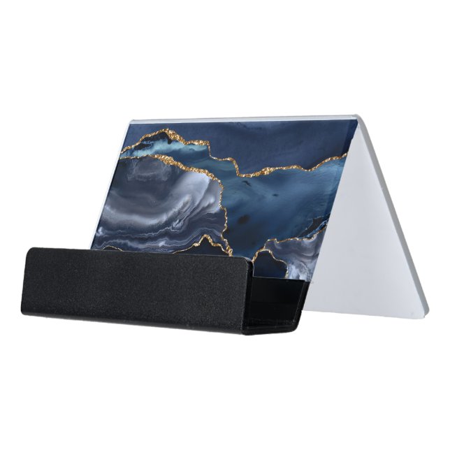 blue and gold watercolor agate desk business card holder (Angled Front)