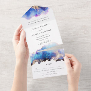 Blue and Gold Watercolor All in One Wedding Invite