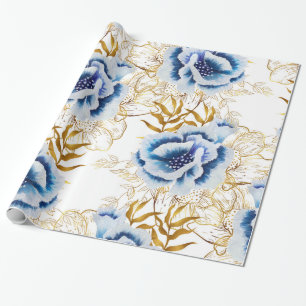 Blue and Gold Watercolor Anemone Wrapping Paper