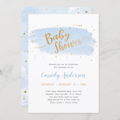 Blue and Gold Watercolor Baby Shower Invitation
