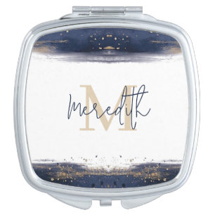 Blue and gold watercolor border personalized compact mirror