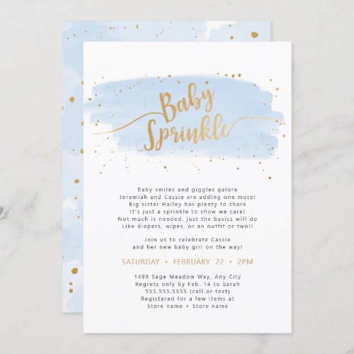 Blue and Gold Watercolor Boy Baby Sprinkle Invitation