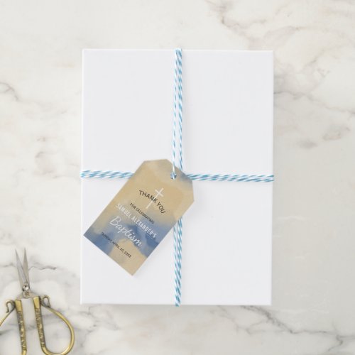 Blue and Gold Watercolor Boy Baptism Thank You Gift Tags