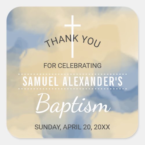 Blue and Gold Watercolor Boy Baptism Thank You Square Sticker