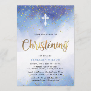 Blue And Gold Watercolor Boy Christening Invitation