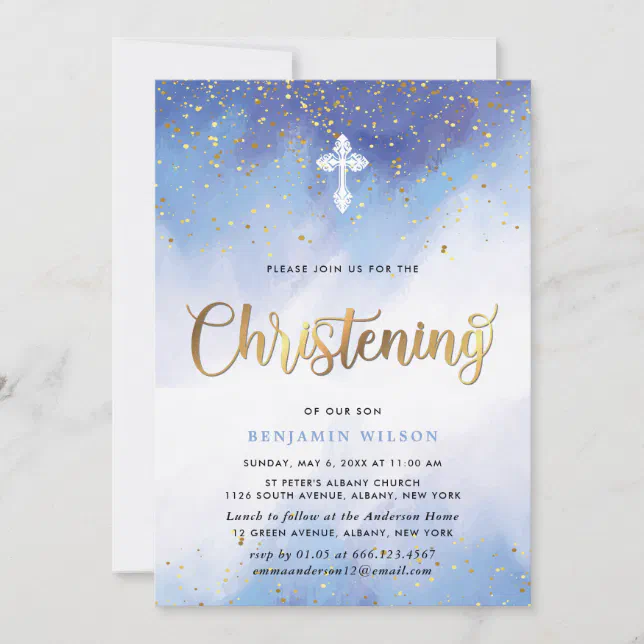 Blue And Gold Watercolor Boy Christening Invitation | Zazzle