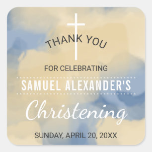 Blue and Gold Watercolor Boy Christening Thank You Square Sticker