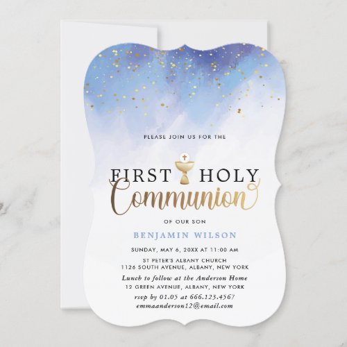 Blue And Gold Watercolor Boy First Holy Communion Invitation