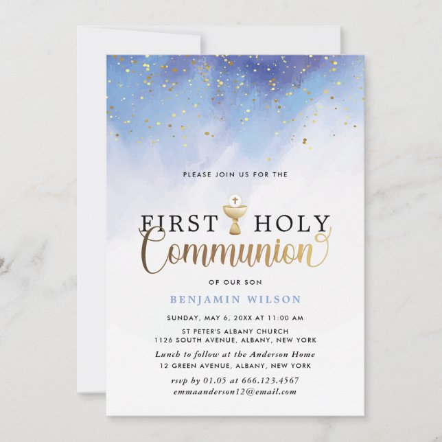 Blue And Gold Watercolor Boy First Holy Communion Invitation (Front)