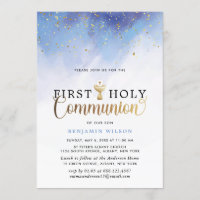 Blue And Gold Watercolor Boy First Holy Communion Invitation
