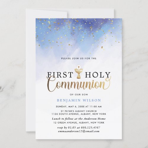 Blue And Gold Watercolor Boy First Holy Communion Invitation