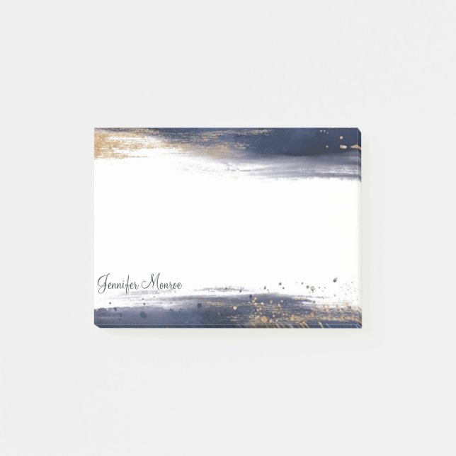 Blue and gold watercolor brushstrokes personalized post-it notes (Front)