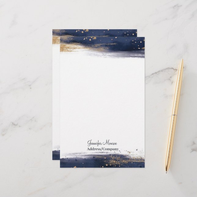 Blue and gold watercolor brushstrokes personalized stationery (Front/Back In Situ)