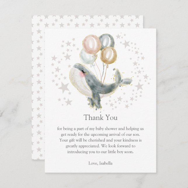 Blue and Gold Watercolor Cute Whale Thank You Card (Front/Back)