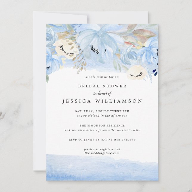 Blue and Gold Watercolor Floral Engagement Party Invitation (Front)