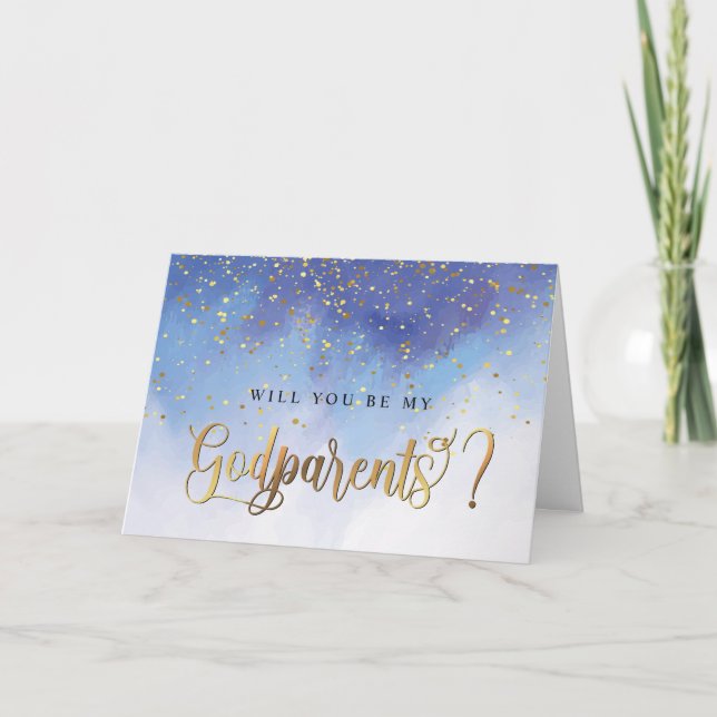 Blue And Gold Watercolor Godparents Proposal Card (Front)